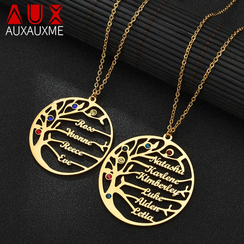 Auxauxme Personalized Tree Of Life Custom Name Necklace Stainless Steel Golden Family Tree Women Letter Necklace Christmas Gift