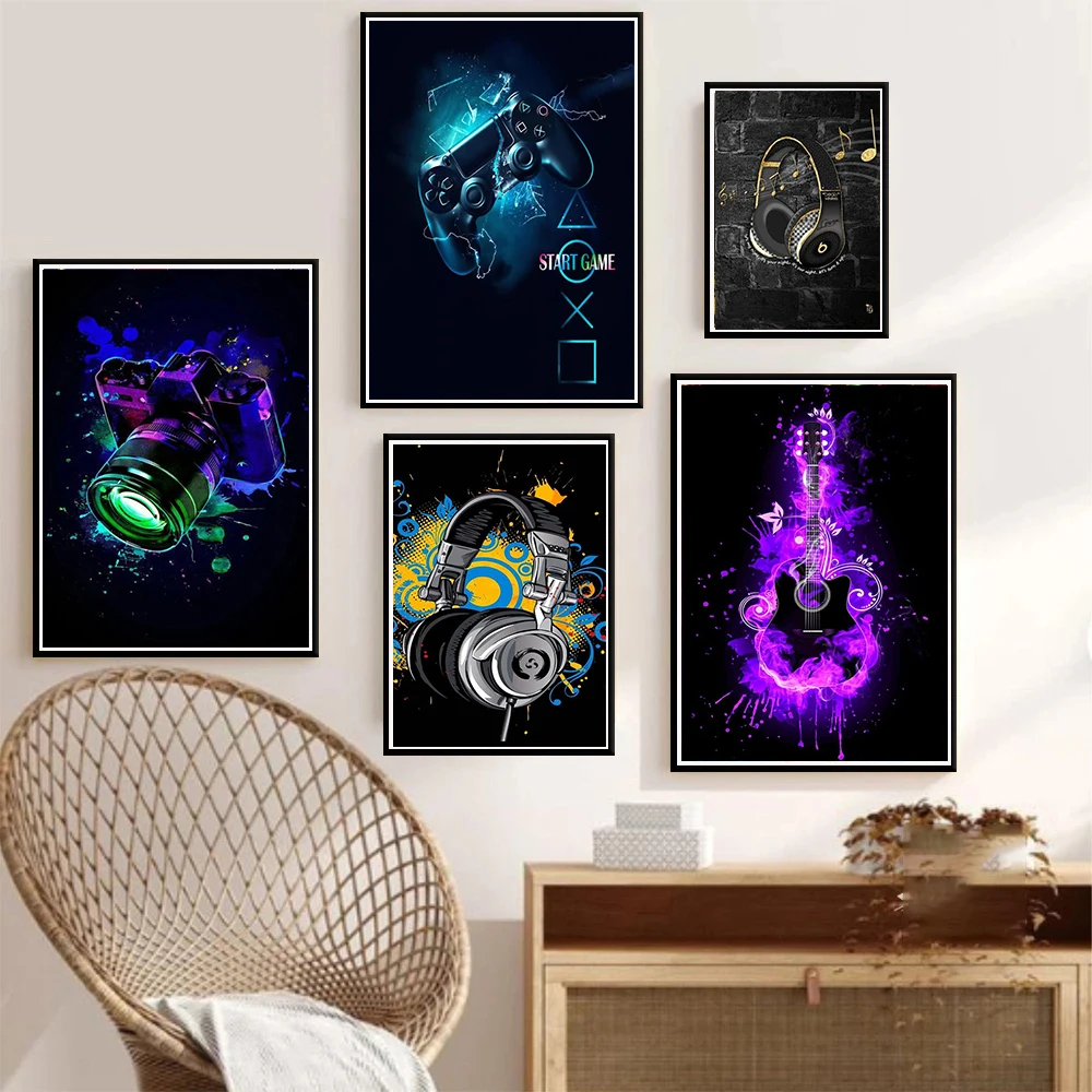 Graffiti Camera Headphones Gamepad Canvas Painting Fashion Colorful Guitar Posters Prints Wall Art Music Room Home Cuadros Decor