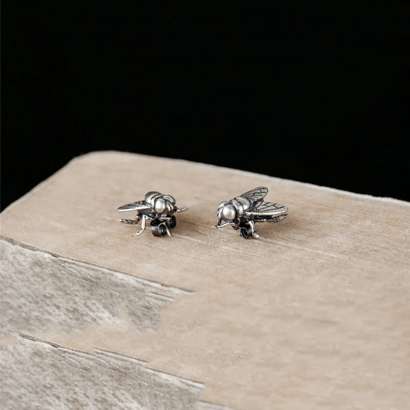 MKENDN Personality Funny Flies Stud Earrings For Men Women 925 Sterling Silver Punk Street Ear Studs Bijoux Anti-allergy Jewelry