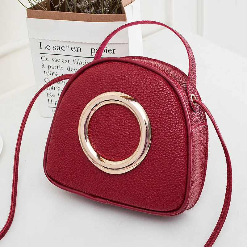 Lychee Pattern Small Circular Bags Solid Color Shoulder Bag Fashion Soft PU Leather Crossbody Bags Lady Simple Casual Handbags