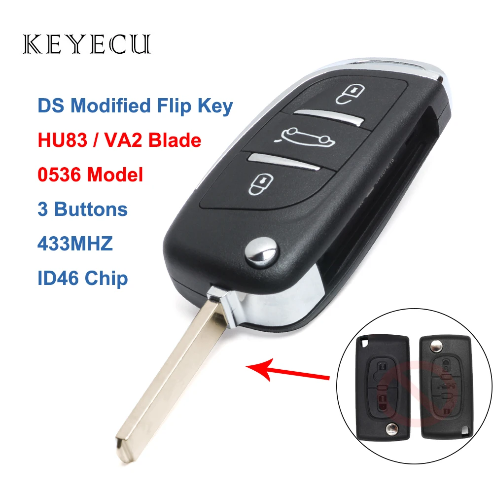 Keyecu DS Modified Flip Remote Car Key 3 Buttons 433MHZ ID46 for Peugeot 307 0536 Model 2001 2002 2003 2004 2005 HU83/VA2 Blade