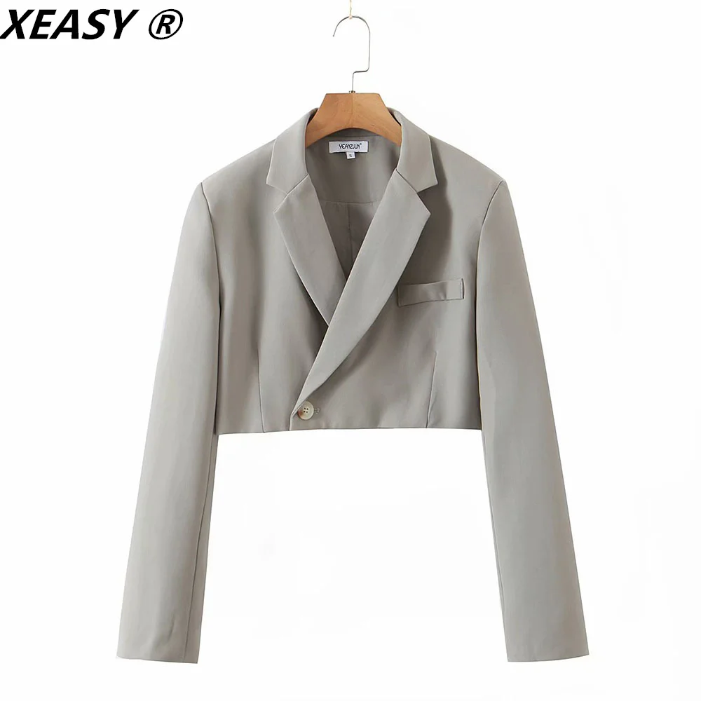 XEASY 2021 Women Fashion Set Vintage Single Button Short Blazer Female High Waist Asymmetrical A-Line Skirt England Style Suit