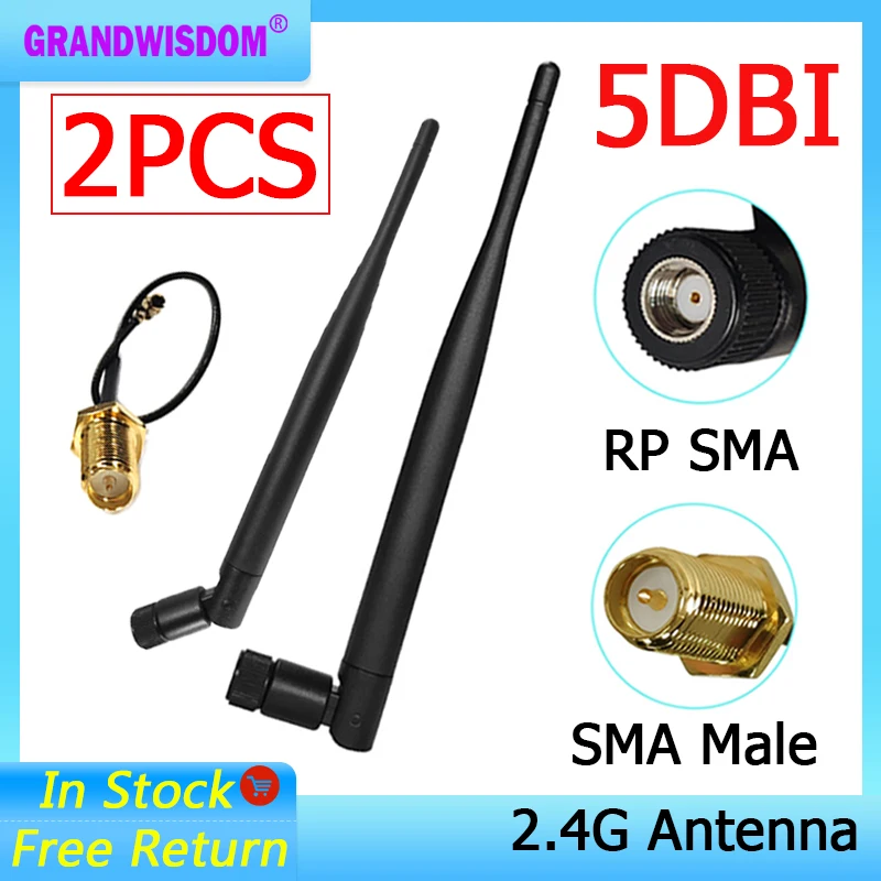 GWS 2 Stück 2,4 G Antenne 5 dBi SMA-Buchse WLAN 2,4 GHz Antene IPX IPEX 1 SMA-Stecker Pigtail-Verlängerung 21 cm oder anpassbares Kabel