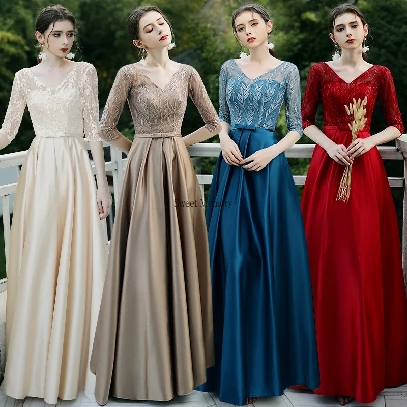 

J7105 Wine Red Blue Champagne Gray Bridesmaid Dresses Floor Length Half Sleeve Satin Dress Elegant Women Vintage Formal Gown