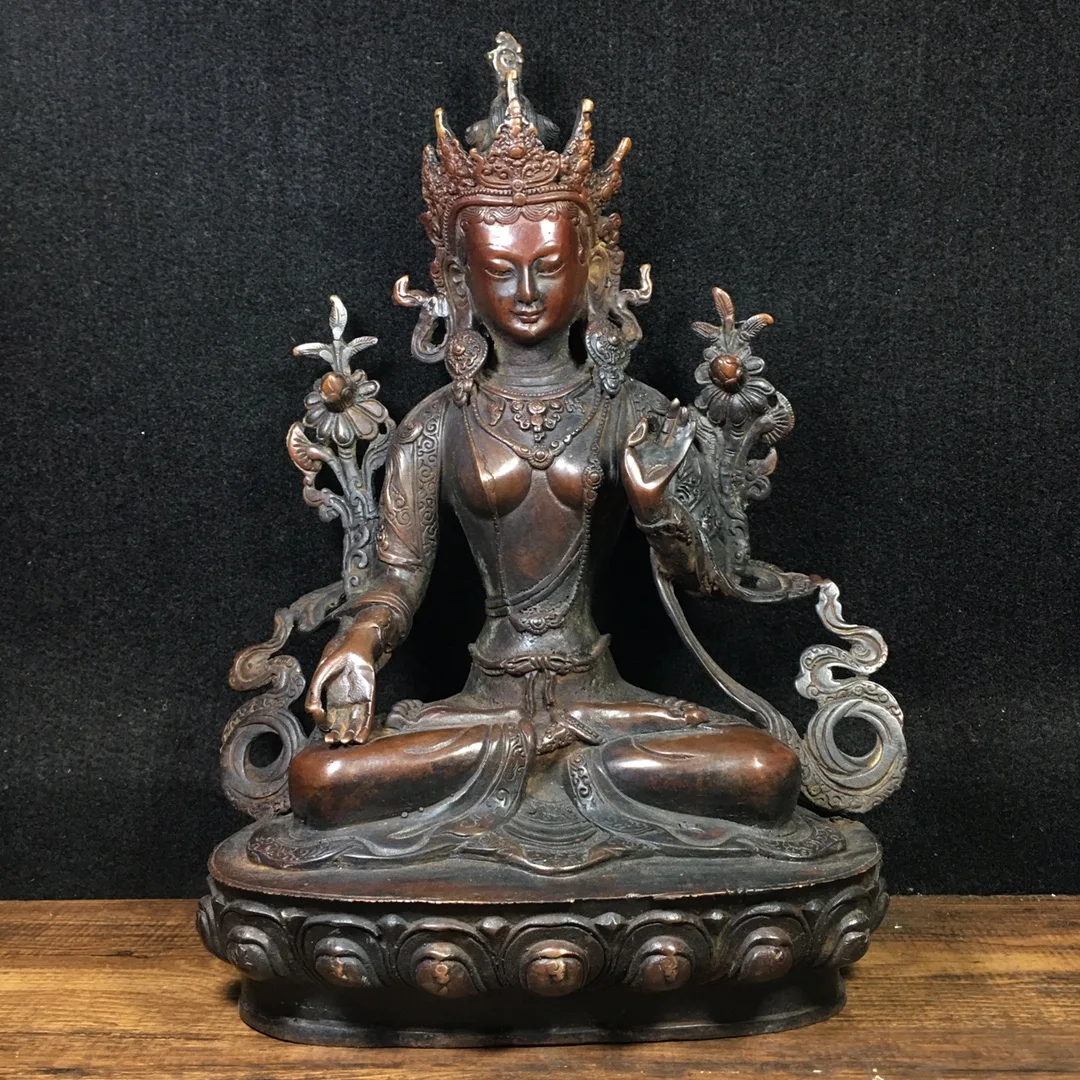 

11"Tibetan Temple Collection Old Bronze Cinnabar Green Tara Guanyin Bodhisattva statue Enshrine the Buddha Town House