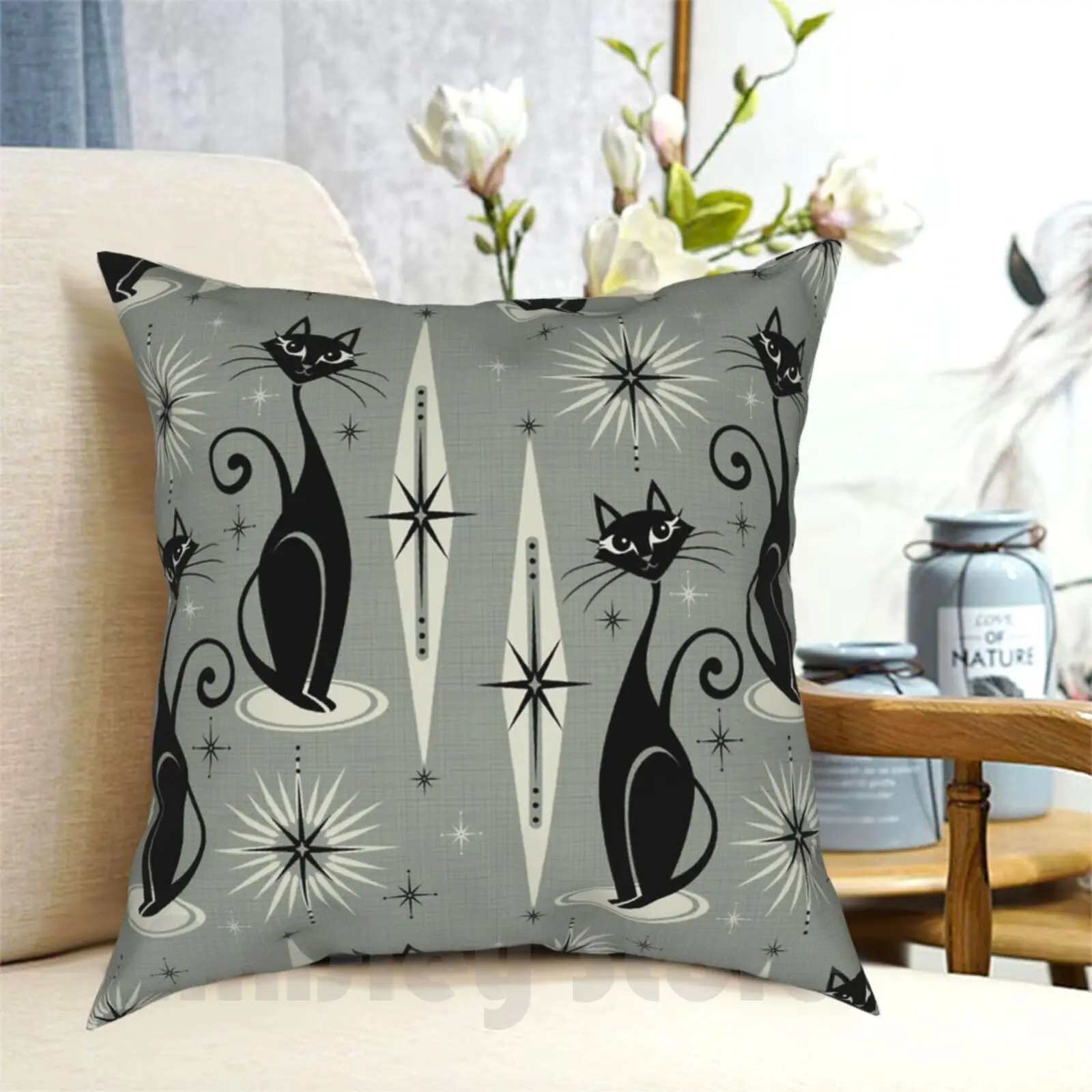

Mid Century Meow On Gray Pillow Case Printed Home Soft Throw Pillow Black Gray Stars 1950 S Mid Century Modern Atomic