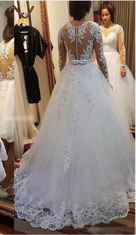 ANGELSBRIDEP Long Sleeves Wedding Dresses Vestido De Noiva Sexy See-Through Back Formal Bride Applique Dress Plus Size