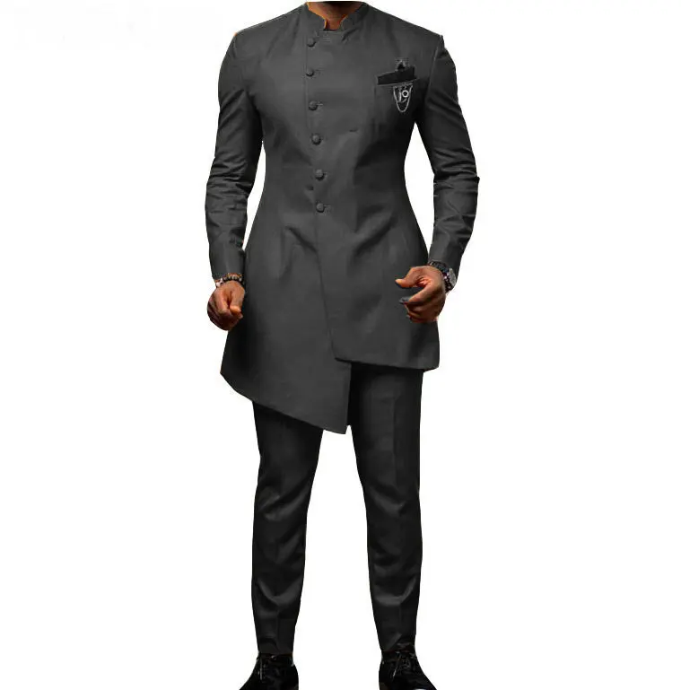 

African Stand Collar Men Suit 2 Piece Male Dress Wedding Groom Dark Grey Slim Fit Men Business Prom Party Tuxedo Best Man Blazer