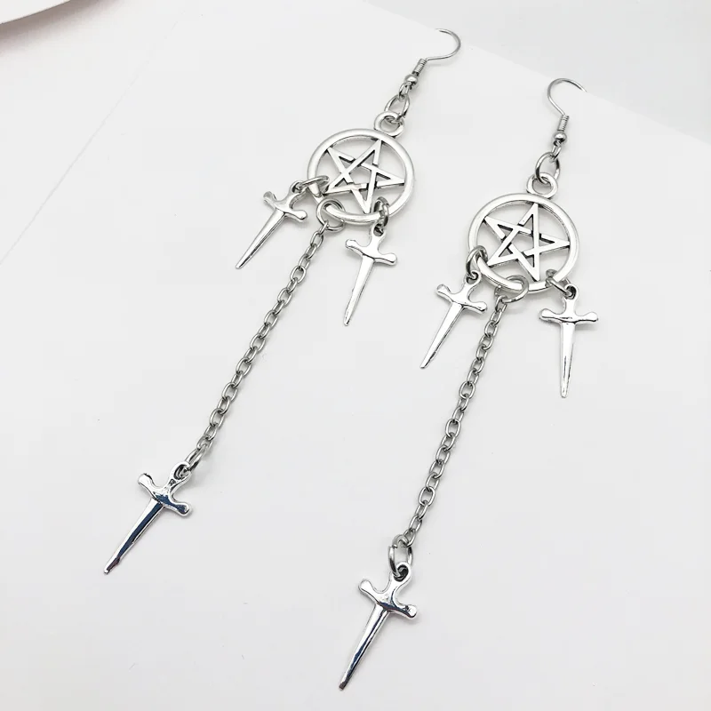 Pentagram Swords Earrings Silver Plated Huggie Hoops Dangle Witchy Jewelry Pagan Wiccan Tarot Gothic Emo Women Gift