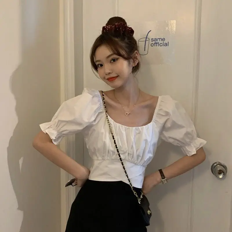 Blouses Women Summer Puff-sleeve Crop-top Backless Sexy Club Pleated Solid Elegant Sweet Girls Bow Lace-up Korean Style Blusas