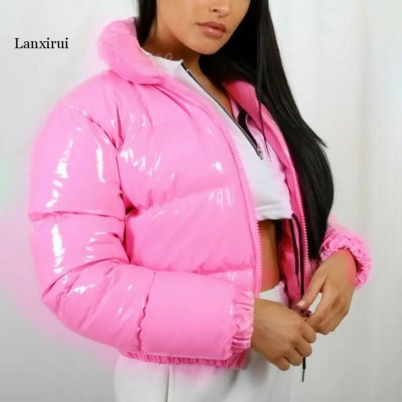 Chaqueta de plumas de PU brillante para mujer, abrigo cálido de burbujas, Parka de plumón, abrigo con cremallera, Parka recortada rosa, XXL, Otoño e