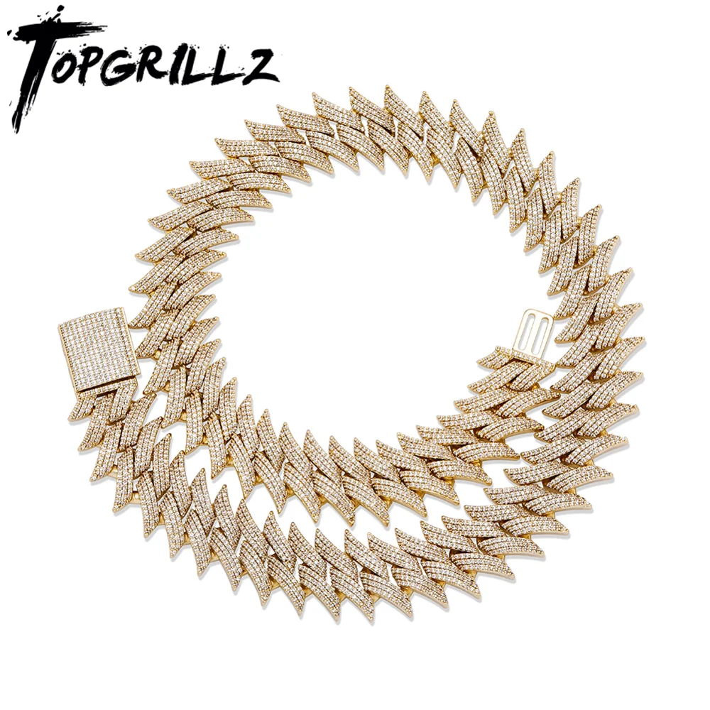 TOPGRILLZ New 20mm Thorns Big Box Buckle Cuban Heavy Necklace  Copper Material Prong Setting 3A+CZ Stones Hop Hip Rapper Jewelry