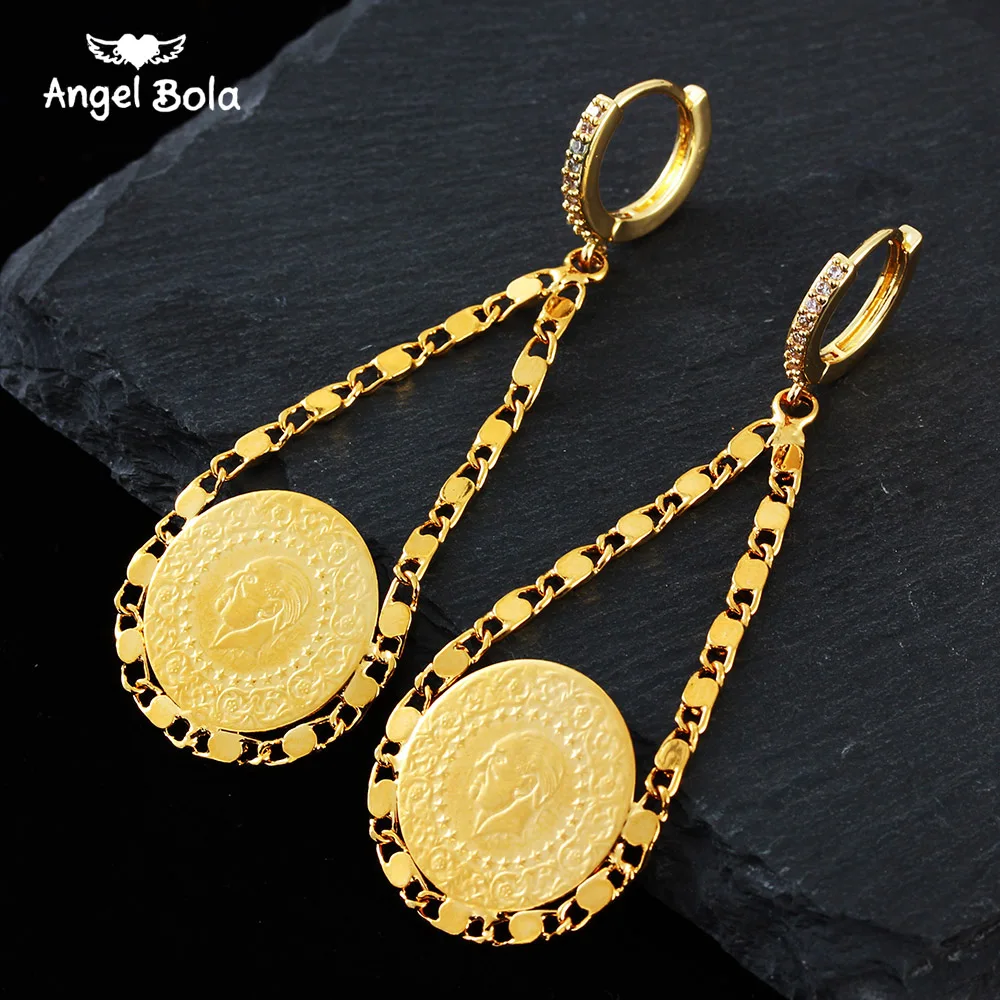 Drop Shipping Islam Muslim Ancient Coins Earrings Gold Color Arab Money Sign Turkish Allah Earring Middle Eastern Jewelry