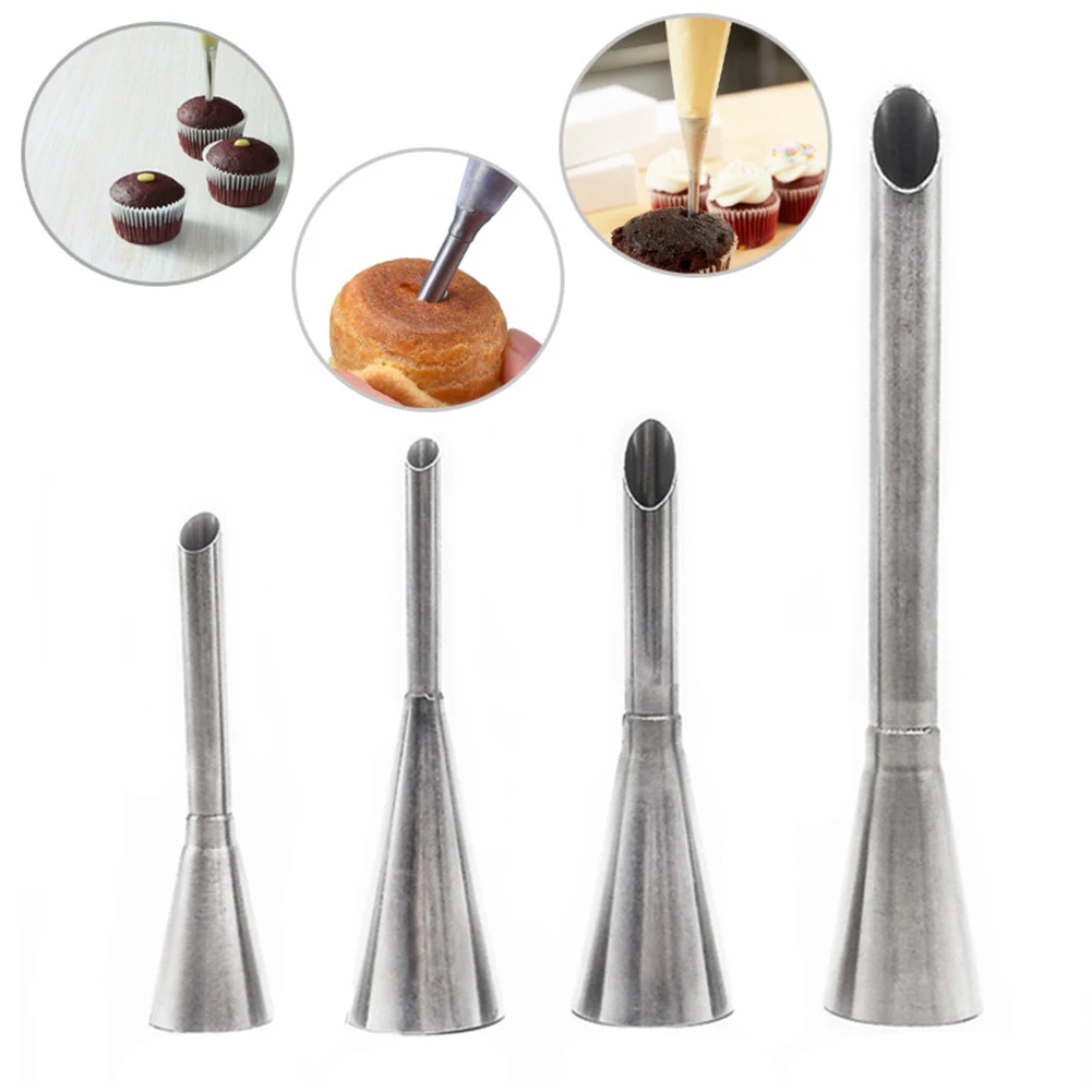 4pcs Cupcake Filling Tubes Pastry Cream Icing Piping Nozzles Stainless Steel Puff Nozzles Syringe Piping Cake Confectionery