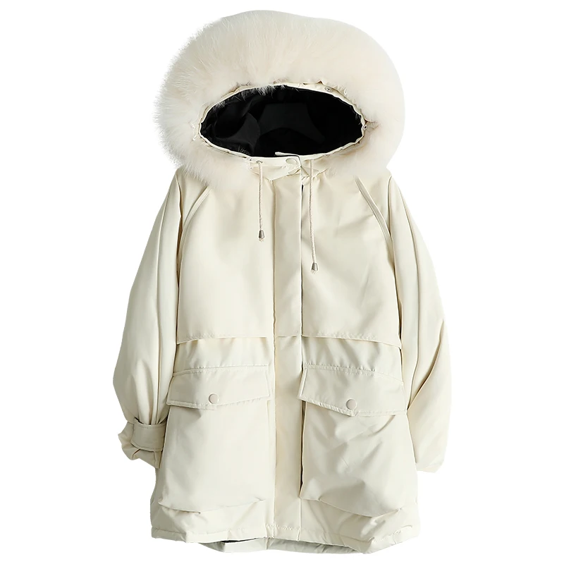 Veste coréenne mi-longue épaisse en duvet de canard pour femme, manteau chaud en vraie fourrure de renard, Parka à capuche, vêtements d'extérieur, 2019, hiver 3021