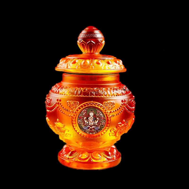 

13cm Eight Auspicious Symbol Resin Tibetan Tranic Lotus Base Moni Treasured Wealth Putting Decorate Bottle