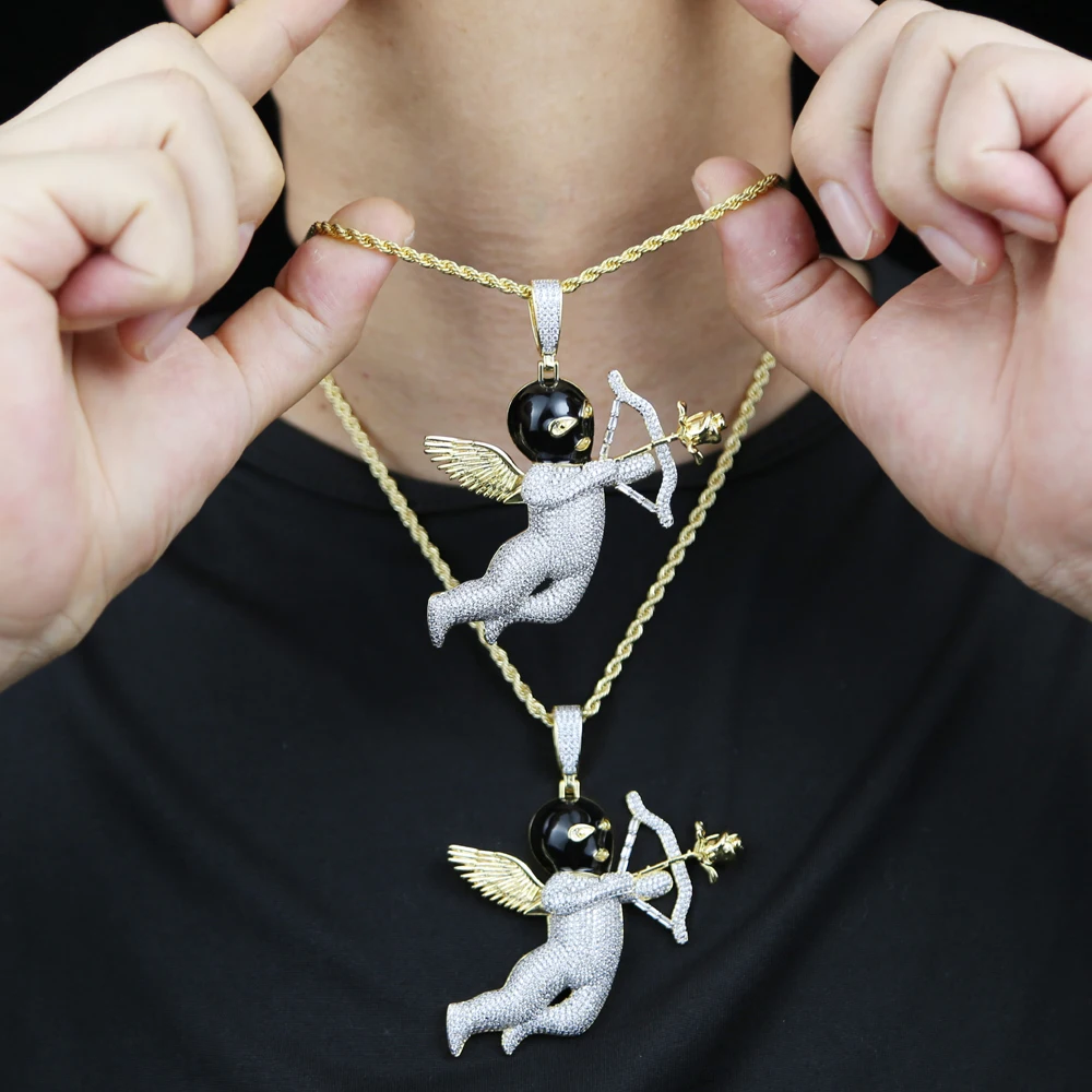 New Design Bow Arrow Shape Pendant Necklace Two Tone Color Iced Cubic Zircon Goddess Of Love Charm Men\'s Women Hip Hop Jewelry