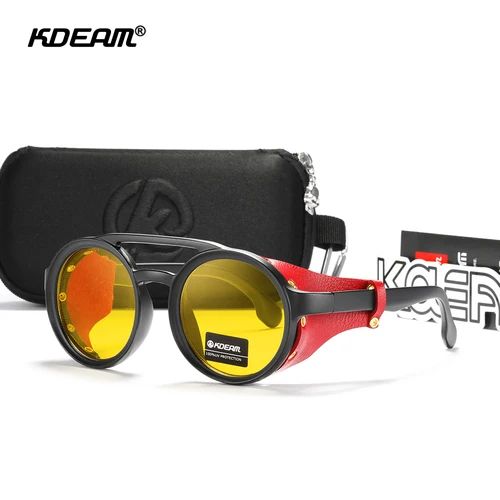 Imagen 2 del producto KDEAM gafas de sol redondas Vintage para hombres y mujeres, gafas de sol con escudo de cuero, sombra diseñada con puente doble KD179