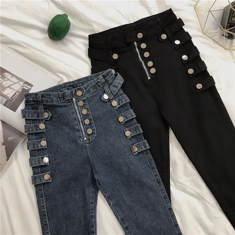 

Fashion High Waist Jeans Women's Metal Buckle Tight Belly Trimming Slender Skinny Stretchy Pencil Pants Cropped Pants Punk Style