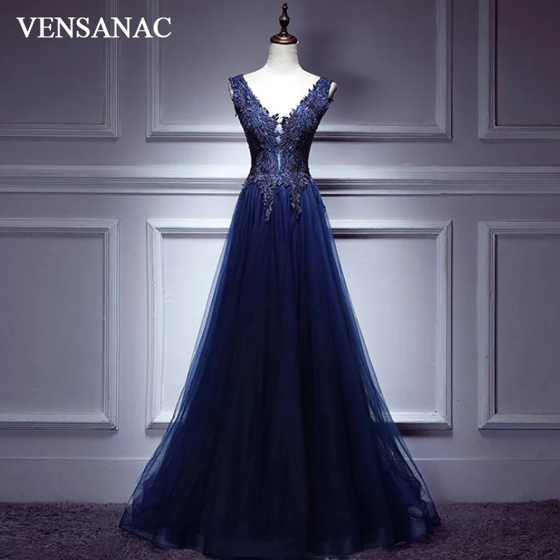 

VENSANAC Illusion Deep V Neck Lace Appliques A Line Long Evening Dresses Party Tulle Backless Prom Gowns