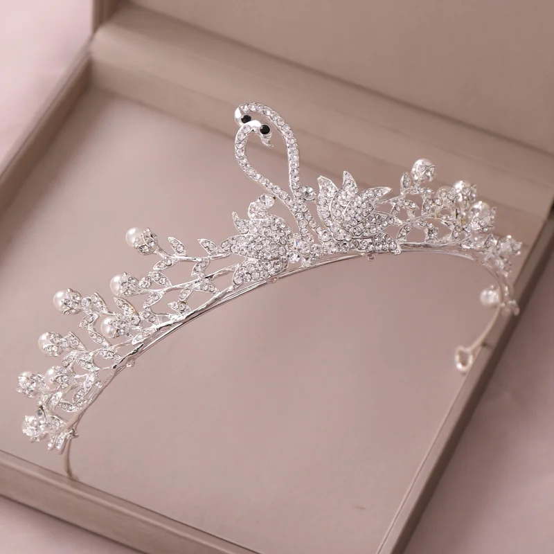 Argento alla moda Della Perla di Colore Del Rhinestone del Cigno Corona della sposa Tiata Copricapo Da Sposa Ornamenti Dei Capelli Dei Monili Della