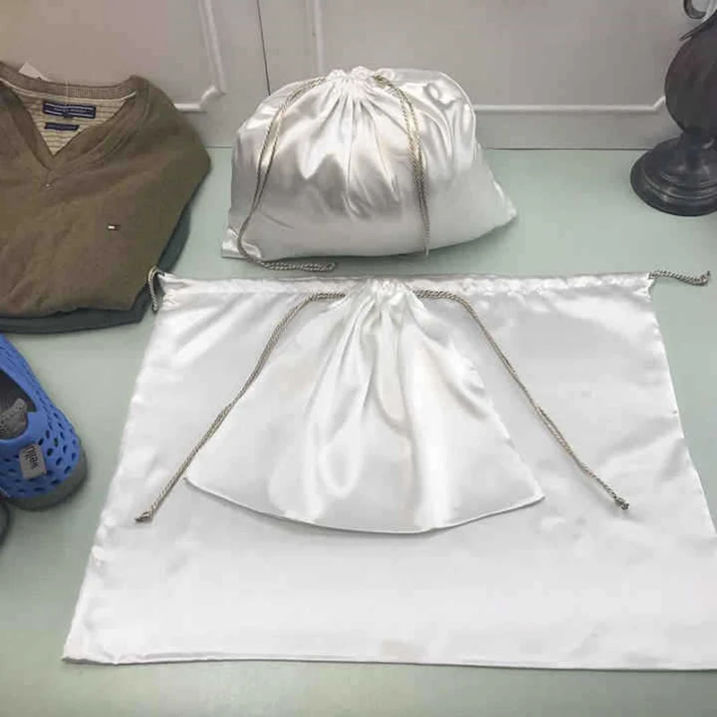 Custom Satin Storage Sleeper Bag Dust Cover Drawstring Care Bag Travel White Silk Satin Shoe Wigs Luxury Goods Protective Pouch