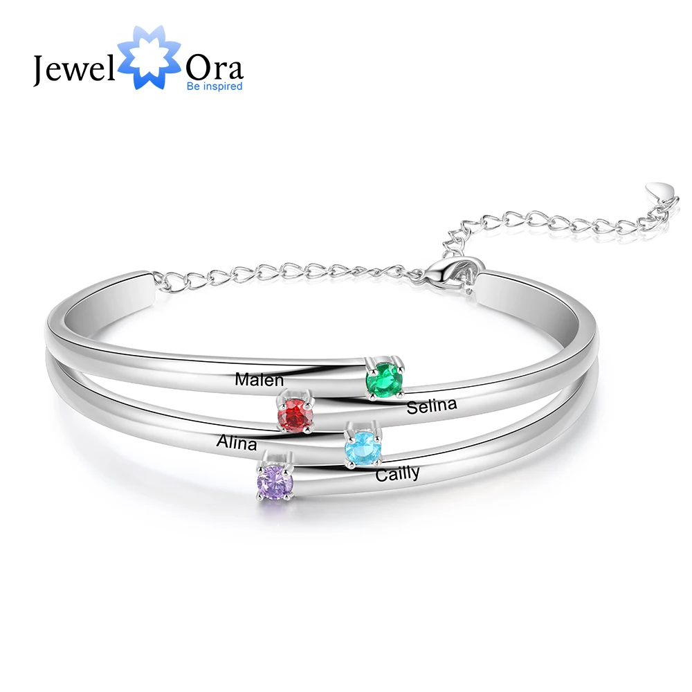 JewelOra Designer Personalized 4 Birthstones Family Bracelets for Women Custom Name Engraved Bracelet Mothers Day Gifts