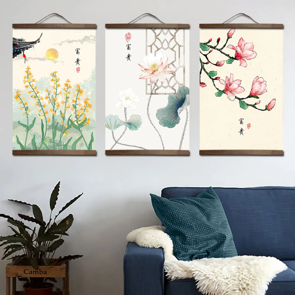 custom chinese style green plants canvas decorative painting Store bedroom living room wall art solid wood scroll painting