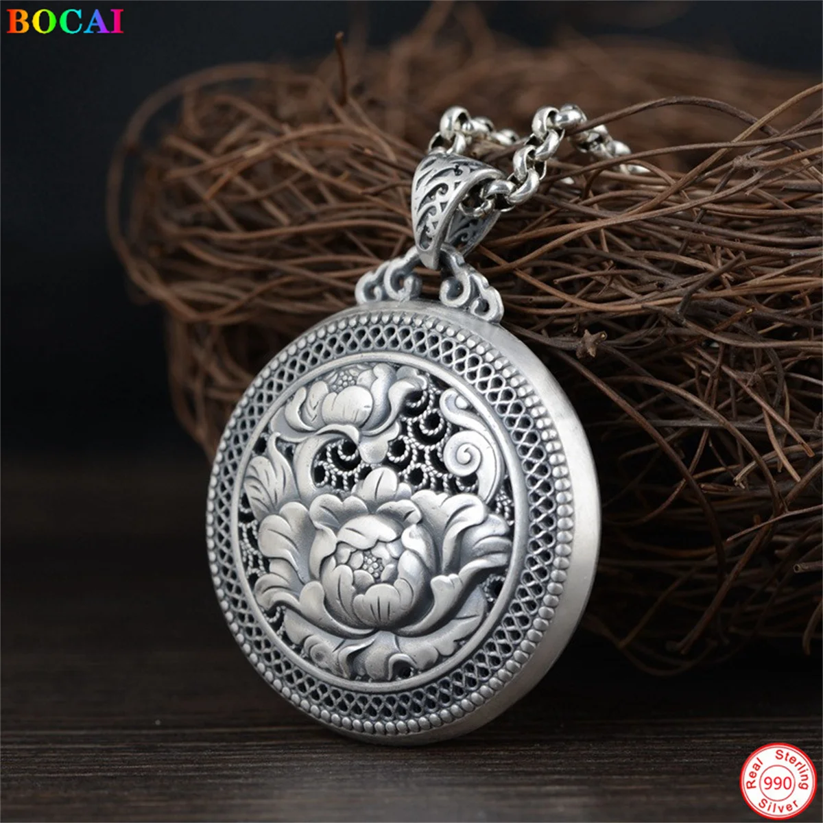 

S990 Sterling Silver Charm Pendant HuaGaiFuGui Peony Hollow Out Hanging Ornament Pure Argentum Jewelry Gift for Women Valentine