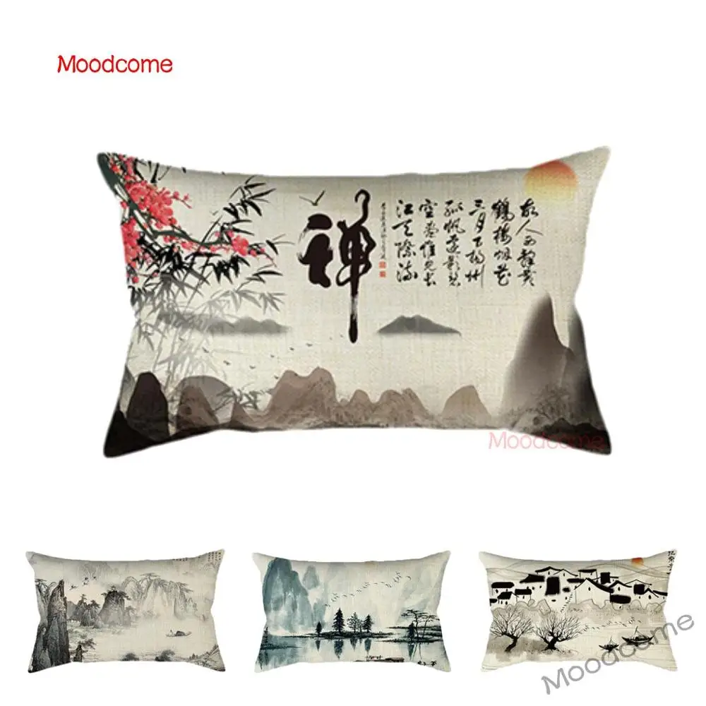 Chinese Traditional Ink Calligraphy River Boat Scene Painting Leisure Teahouse Decoration Pillow Case Linen Sofa Cushion Cover