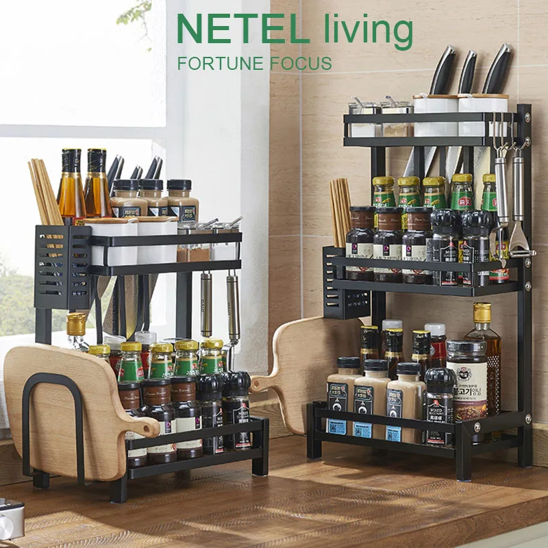 

NETEL Kitchen Spice Rack Stainless Steel Countertop Seasoning Jars Bottle Shelf Organizer Storage Holder 2/3 Layers Black