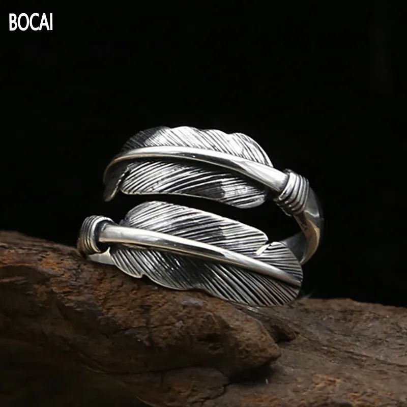 BOCAI New S925 Silver Jewelry Feather Ring Simple Retro Roman INS Style Hip-hop Man and Woman Rings