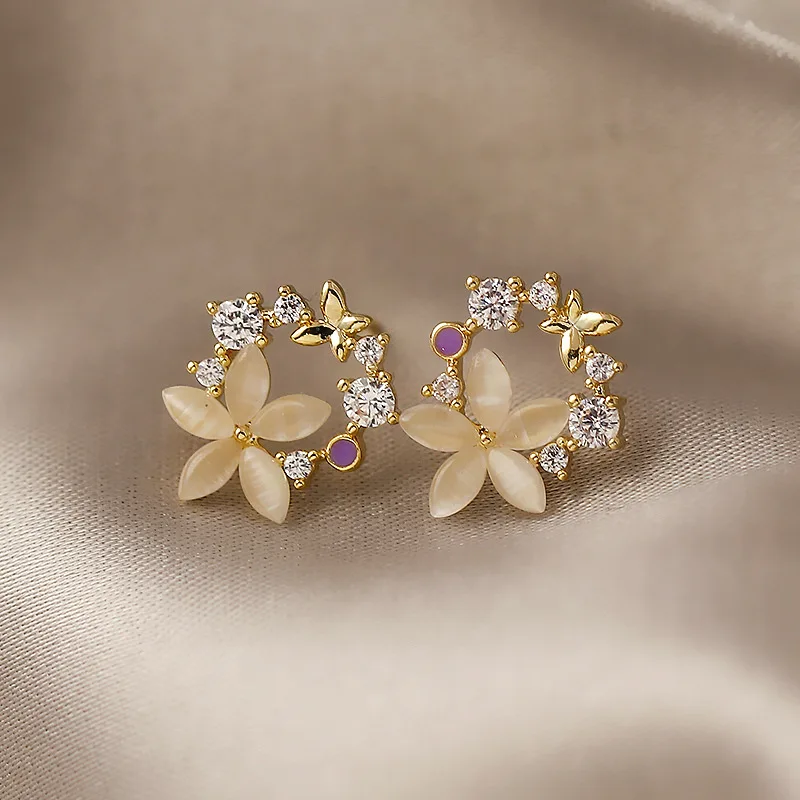 Trendy Flower Butterfly Women Stud Earrings Bling Shining Rhinestone Crystal Earrings Wedding Party Jewelry Korean Style