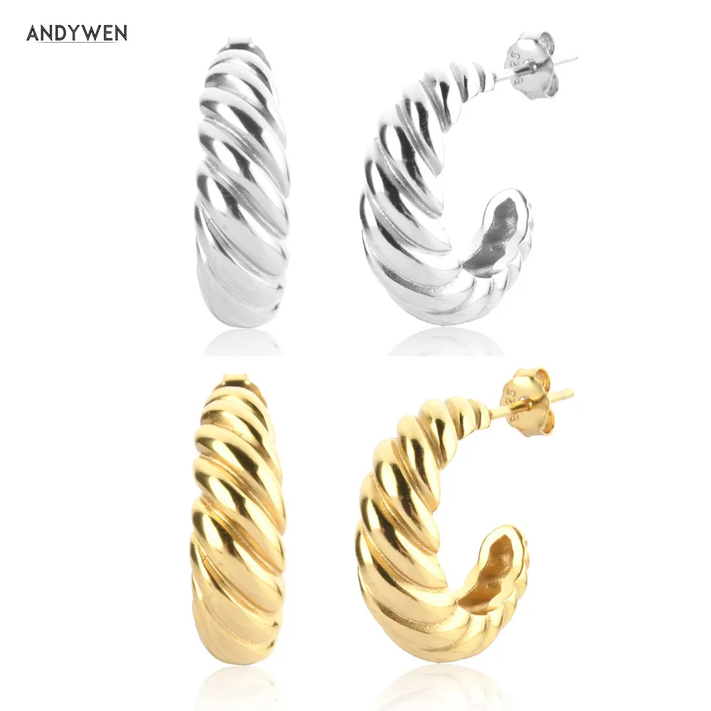 

ANDYWEN 925 Sterling Silver Gold ANTIQUE HOOPS Twist Hoops Large Women Piercing Hoops Earring Piercing Luxury Jewelry Clips