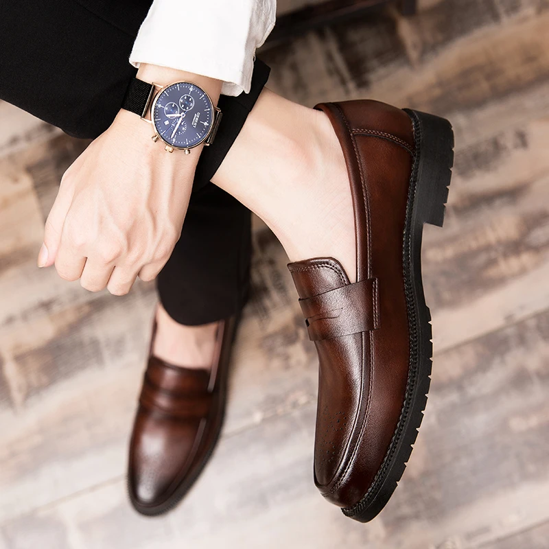 Retro Men Dress Shoes Brogue Style Party Leather Formal Shoes Wedding Shoes Men Flats Leather Oxfords Slip on Fashion Loafers 46