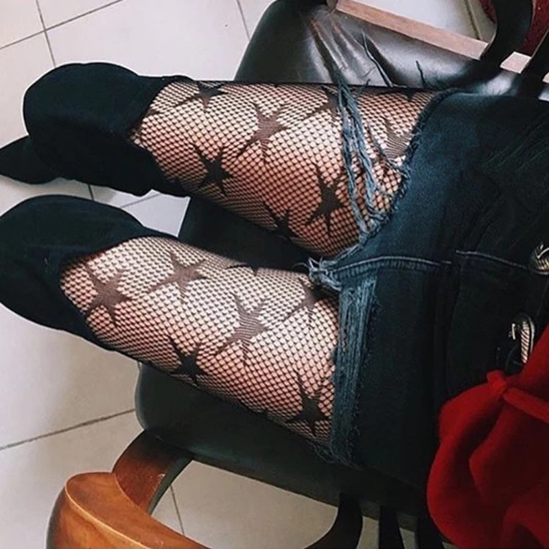 Cool Star Printed Fishnet Tights Erotic Hollow Out Sexy Mesh Pantyhose Punk Pattern Pantyhose Black Women Tight Lingerie