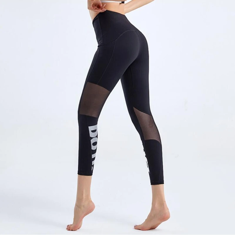 Summer New Tight Yoga Pants Female Mesh Stitching Pilates Leggings Letter Printing Elastic Thin Running Fitness Leggings Women