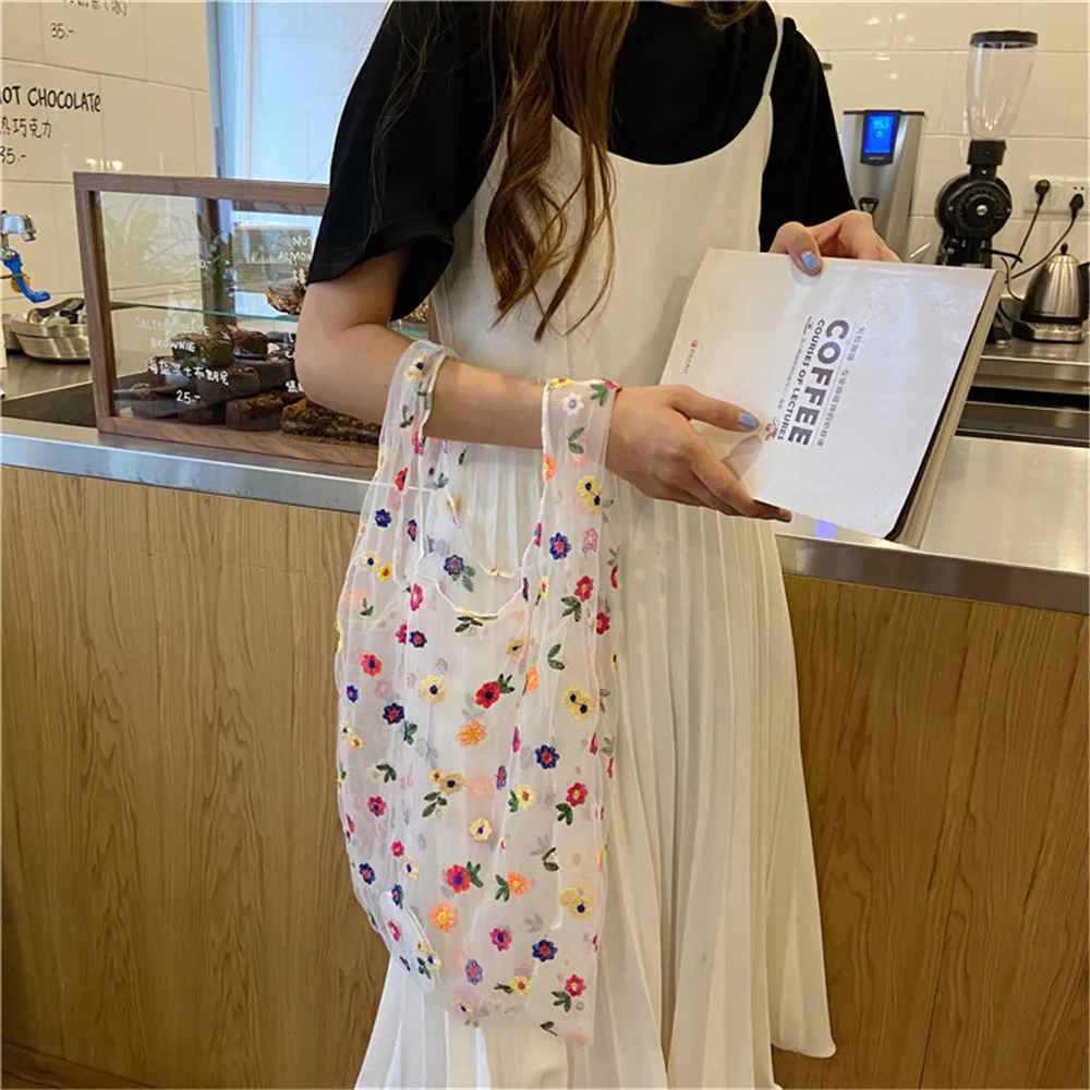 Women Transparent Foldable Mesh Cloth Daisy Embroidery Handbag Multicolored Flower Tulle Fruit Bag Purse Shopping Bag Tote 2024