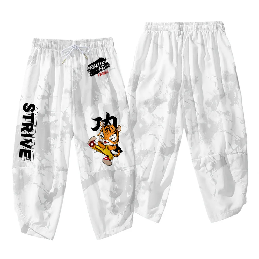 New Summer Men's Tide Brand Kung Fu Tiger Black and White Comfortable Print Thin Low Waist Loose Pants