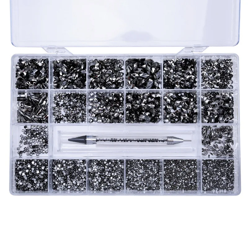 Mixed AB Glass Crystal Diamond In Grids 20 Shape Flatback Nail Art Rhinestone Set With 1 Pick Up Pen