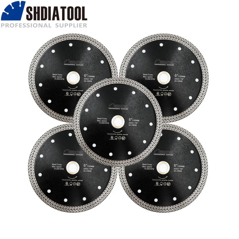 

SHDIATOOL 5pcs Dia 6" Hot pressed sintered Mesh Turbo Diamond Saw blade 150mm Dry or Wet Cutting Disc For Stone Hard material