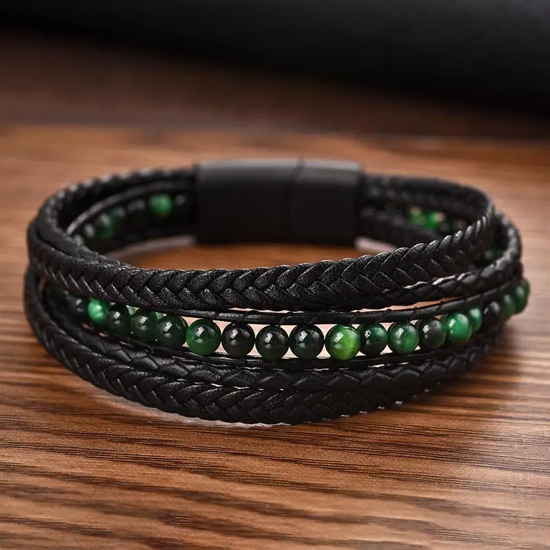 Jiayiqi Men\'s Bracelets Natural Stone Multilayer Leather Braided Bracelet Green Beads Bangle Vintage Male Jewelry Wristband Gift