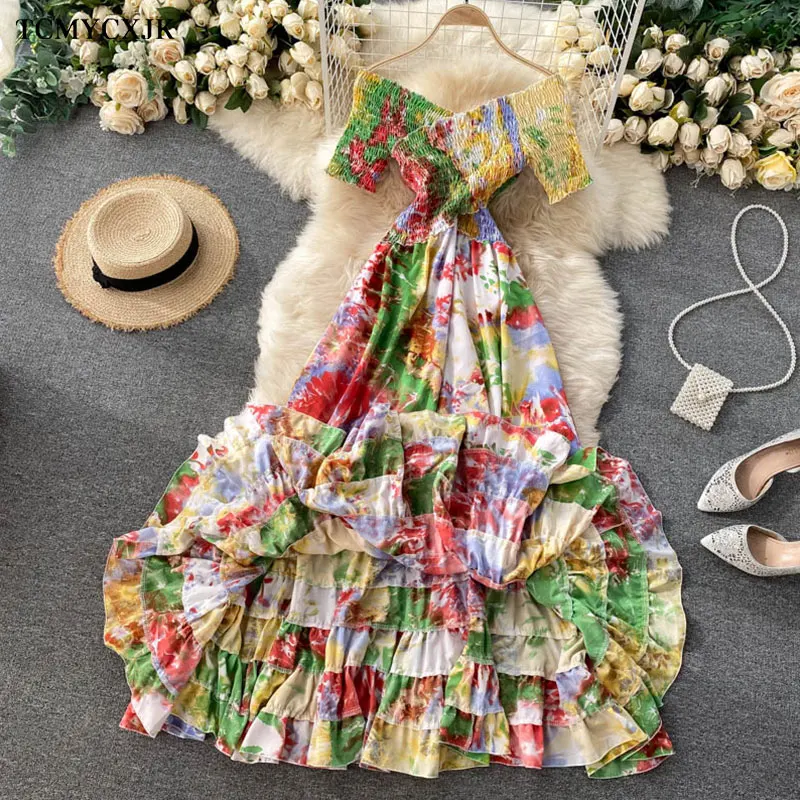 Bohemian Women Tie Dye Printed Short Sleeve Dress Women Summer Long Dress V-Neck High Waist Vacation Beach Ruffle Vestidos