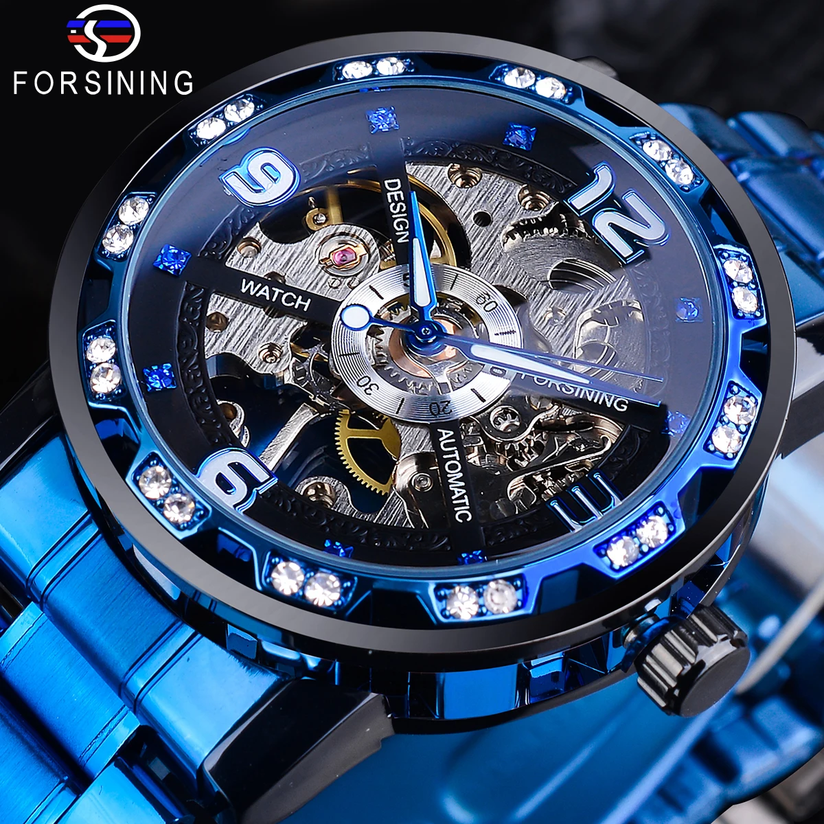 Forsining Blue Diamond Transparent Skeleton Men Mechanical Watch Stainless Steel Luminous Hands Wristwatch Casual Business Clock