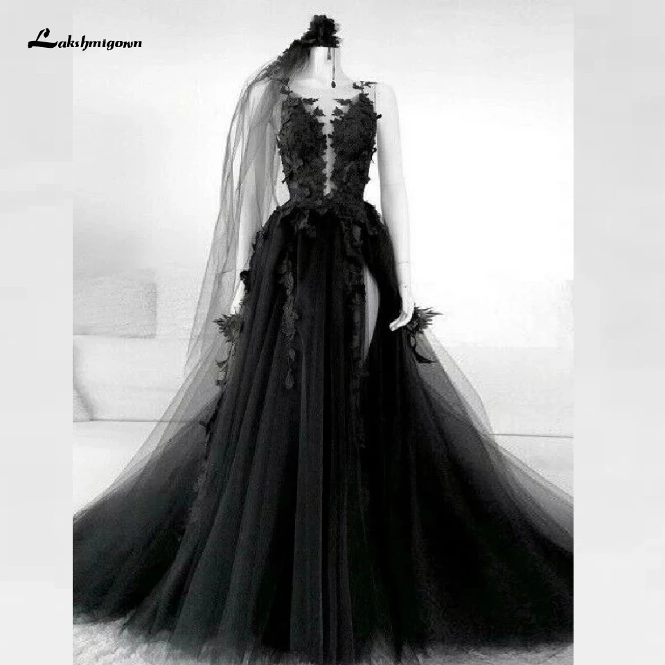 Lakshmigown gótico vestido de casamento preto lado divisão sexy vestido de noiva 2021 vestidos de novia sem costas tule vestido de casamento mais tamanho