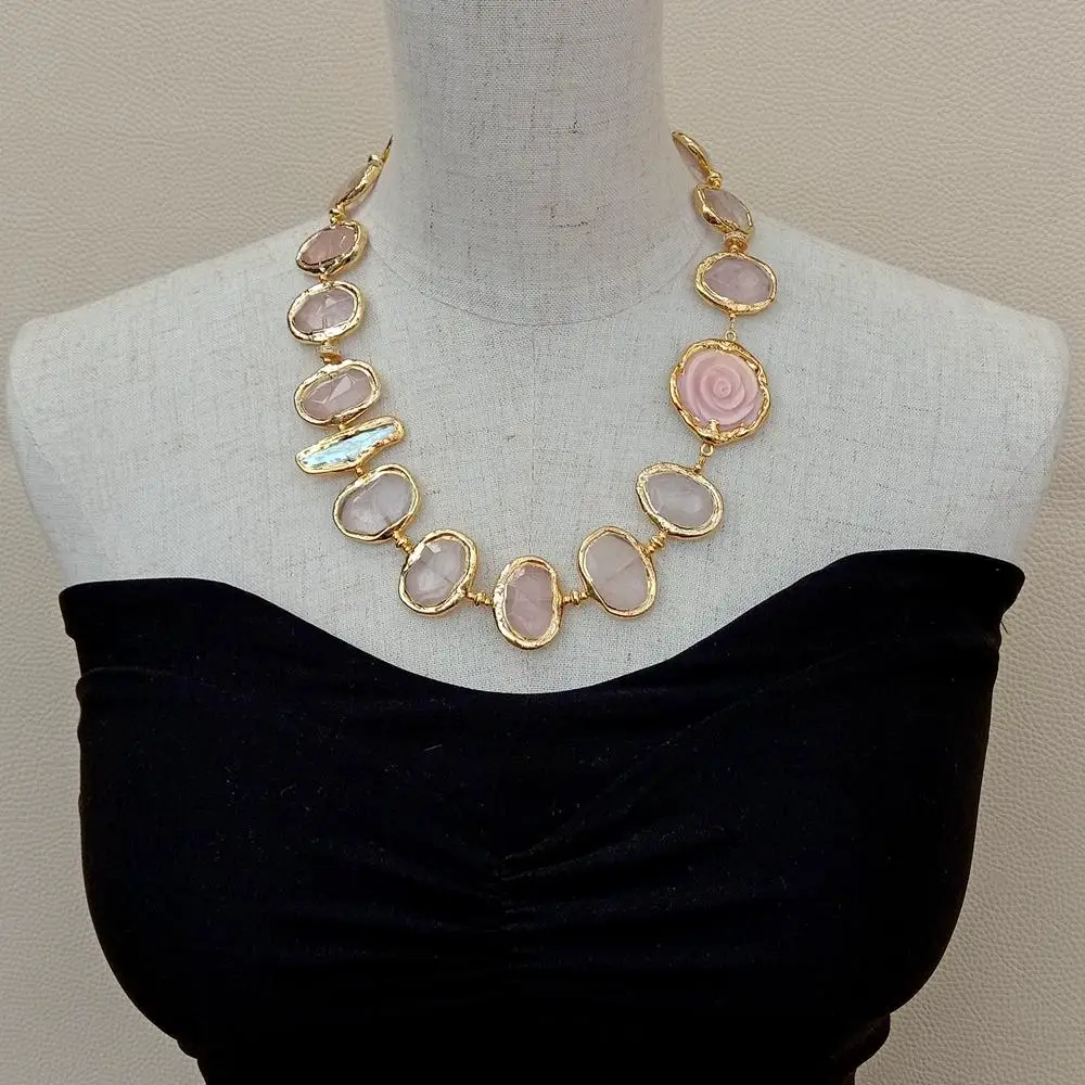 Y·YING Natural Rose Quartz Faceted Chunk Pink Queen Conch Flower White Biwa Pearl Necklace
