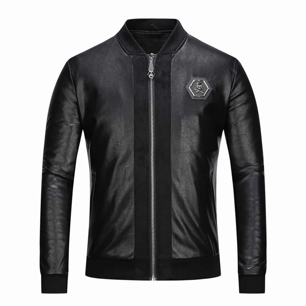 New Occident fashion casual men\'s skull embroidery Black PU leather coat baseball collar slim Motorcycle Jacket