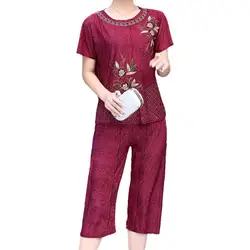 Summer Women Pant Set Pajamas Suit O Neck Floral Print Short Sleeve T-shirt Pants Loose Outfit for Middle-aged Mom Women Suit