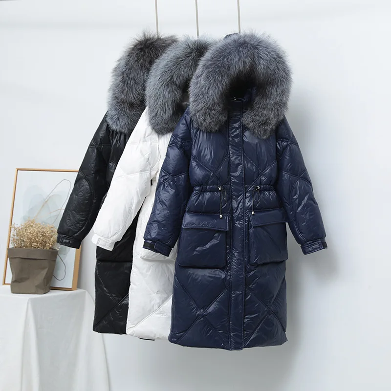 Silver bright face down jacket women\'s mid-length autumn and winter down slim body slimming waist fashion