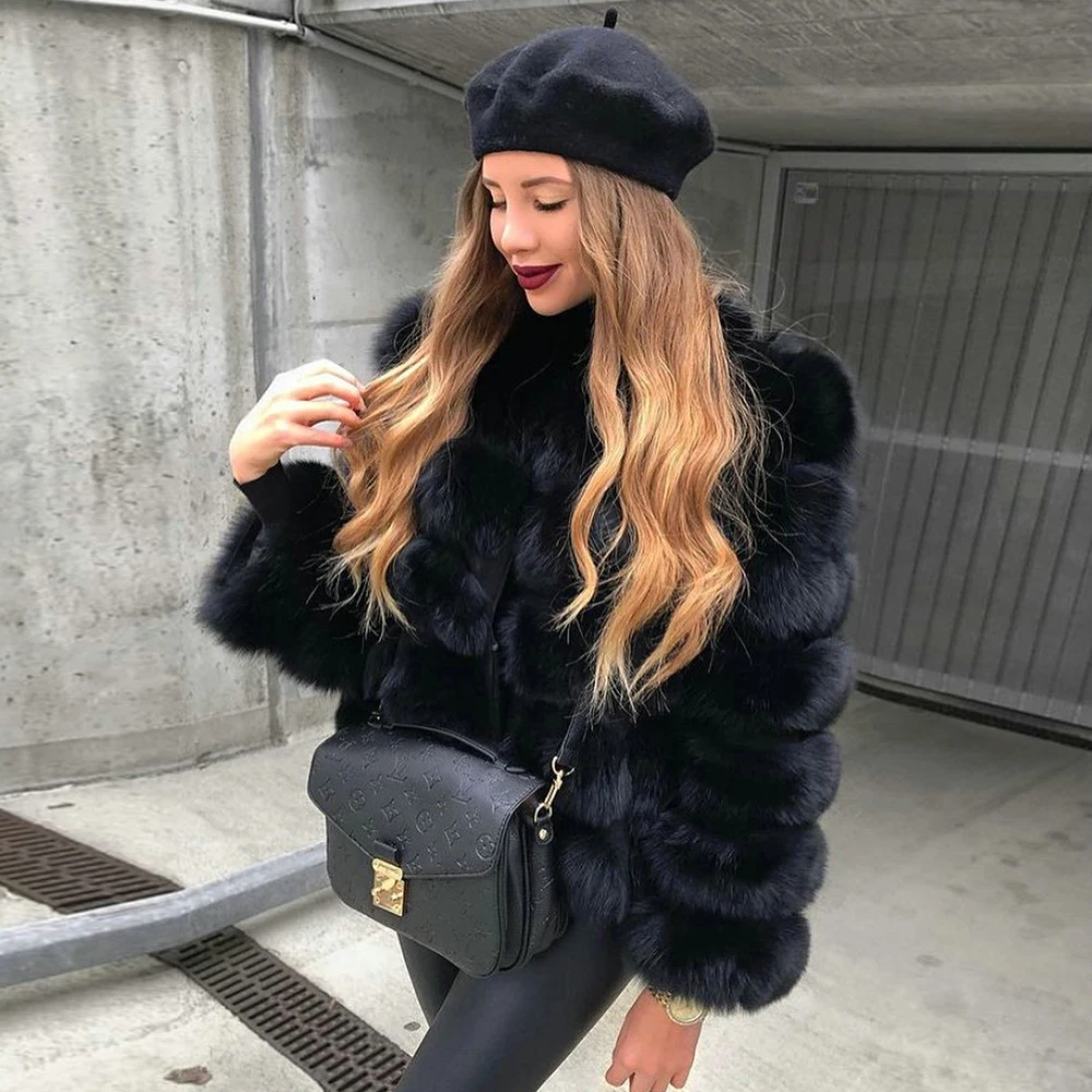 Winter Fashion Real Fox Fur Jacket Medium Length Round Collar Casual Women High Quality Genuine Fox Fur Coat Woman Trendy Outfit